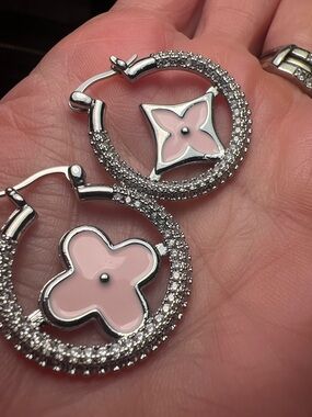 Pink Enamel Floral Hoop Earrings with Crystal Accents